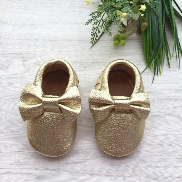 Bow Gold Leather Moccasins