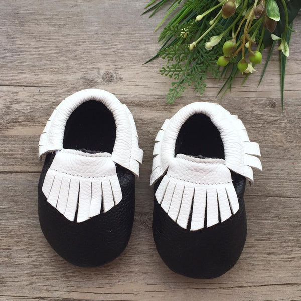 White Fringe Black Leather Moccasins