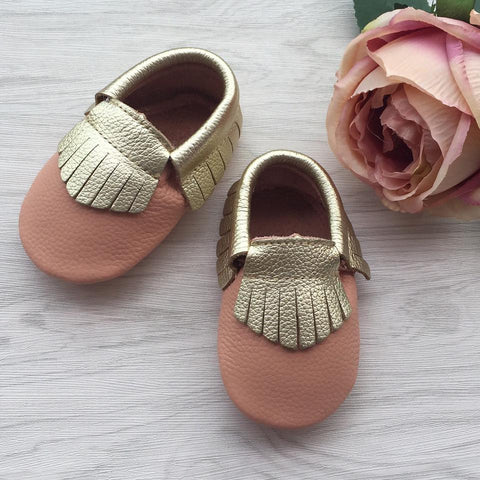 Gold Fringe Blush Leather Moccasins