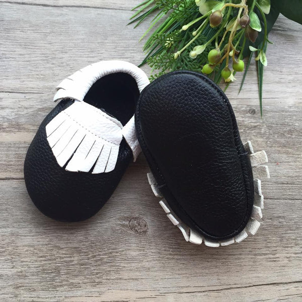 White Fringe Black Leather Moccasins