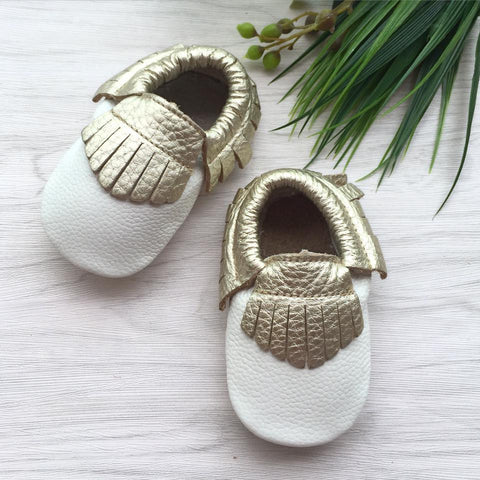 Gold Fringe White Leather Moccasins