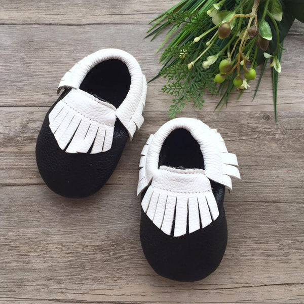 White Fringe Black Leather Moccasins