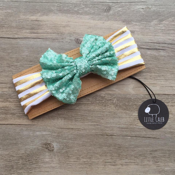 Sequin Bow Stripe Headband (Mint)