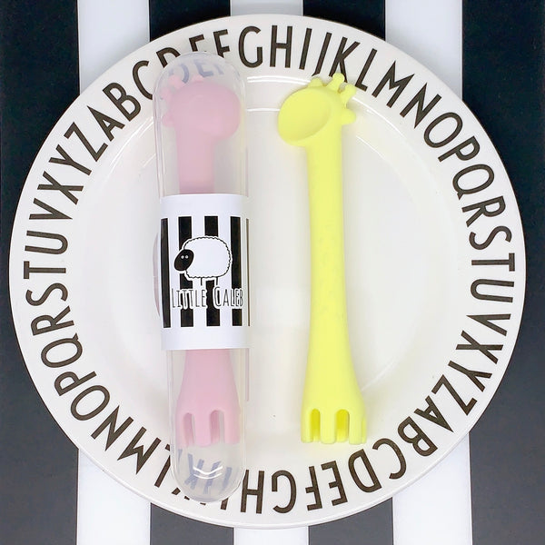 Giraffe Spoon & Fork Utensil with Travel Case Set (Pink&Yellow)