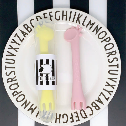 Giraffe Spoon & Fork Utensil with Travel Case Set (Pink&Yellow)