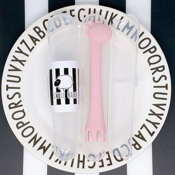Giraffe Spoon & Fork Utensil with Travel Case Set (Pink&Yellow)