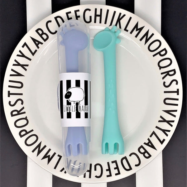 Giraffe Spoon & Fork Utensil with Travel Case Set (Blue&Mint)