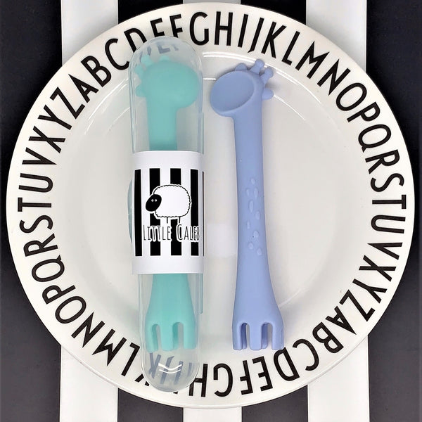 Giraffe Spoon & Fork Utensil with Travel Case Set (Blue&Mint)