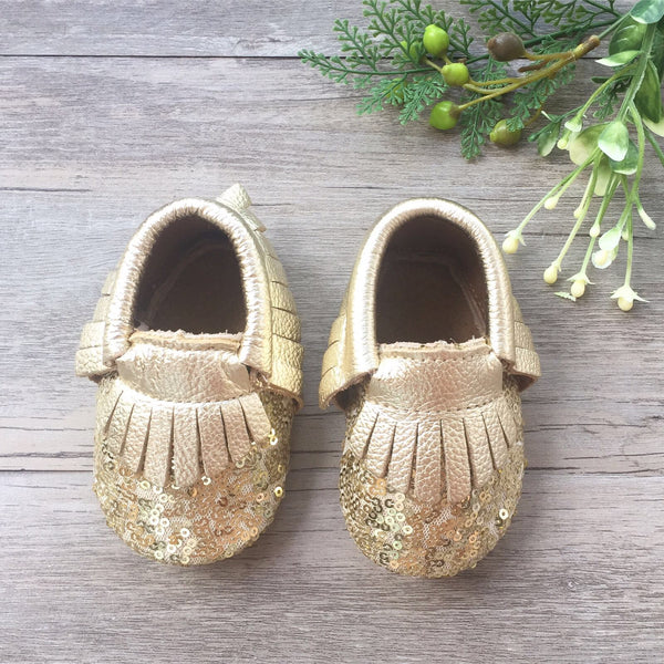 Sequin Gold Leather Moccasins