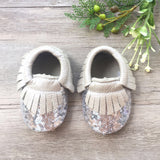 Sequin Silver Leather Moccasins