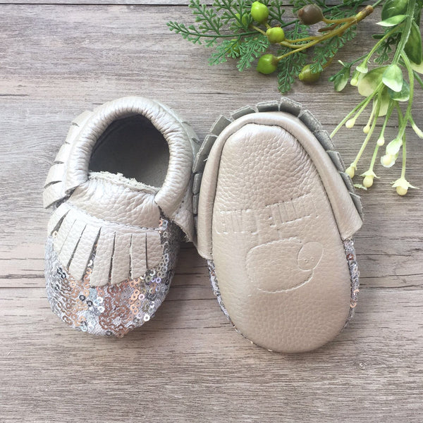 Sequin Silver Leather Moccasins