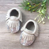 Sequin Silver Leather Moccasins